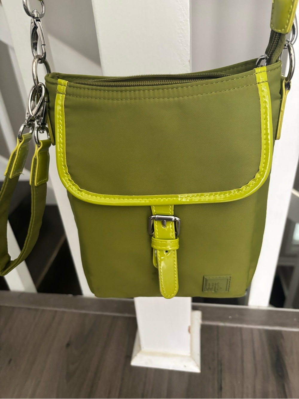 IKWP Olive Green Crossbody Bag with Lime Trim. Purchased from QVC